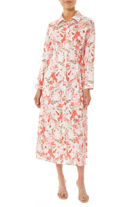 Watercolor Floral Crepe de Chine Shirt Dress, Sunkissed Coral/Pink Satin/Camel/Limestone/Black/White | Ming Wang