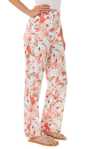Watercolor Floral Wide Leg Crepe de Chine Pant, Sunkissed Coral/Pink Satin/Camel/Limestone/Black/White | Ming Wang