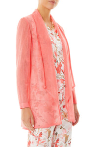 Plus Size Open Front Textured Sheer Knit Jacket, Sunkissed Coral | Ming Wang