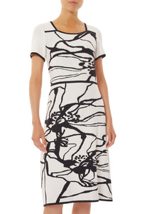 Abstract Floral Soft Recycled Knit Dress, White/Black | Ming Wang