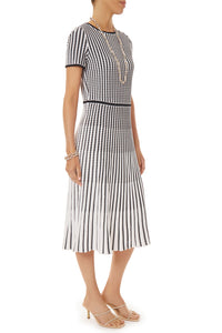 Grid Stripe Fit & Flare Soft Knit Midi Dress, White/Black | Ming Wang