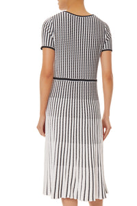 Grid Stripe Fit & Flare Soft Knit Midi Dress, White/Black | Ming Wang