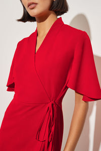 Plus Size Butterfly Sleeve Crepe de Chine Wrap Dress, Poppy Red, Poppy Red | Ming Wang