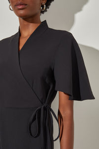 Butterfly Sleeve Crepe de Chine Wrap Dress, Black, Black | Meison Studio Presents Ming Wang
