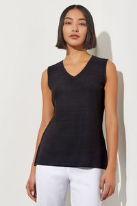 V-Neck Textured Soft Knit Tank Top, Black, Black | Ming Wang