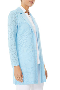 Plus Size Floral Burnout Notched Lapel Knit Jacket, Serene Blue | Ming Wang