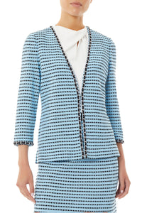 Plus Size Chain Trim Dotted Stripe Knit Jacket, Serene Blue/Black | Ming Wang