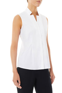 Sleeveless Notched Collar Stretch Cotton Shirt, White | Ming Wang