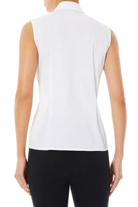 Sleeveless Notched Collar Stretch Cotton Shirt, White | Ming Wang