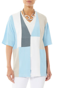 Short Sleeve Colorblock V-Neck Soft Knit Jacket, Serene Blue/Limestone/Black/White | Ming Wang