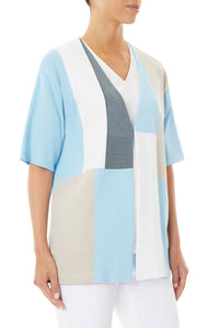 Short Sleeve Colorblock V-Neck Soft Knit Jacket, Serene Blue/Limestone/Black/White | Ming Wang