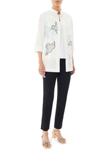 Plus Size Floral Embroidered Button-Front Jacket, White/Serene Blue/Limestone/Black | Ming Wang