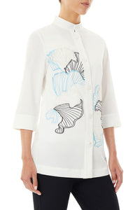 Plus Size Floral Embroidered Button-Front Jacket, White/Serene Blue/Limestone/Black | Ming Wang