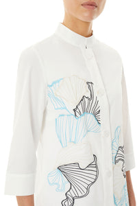 Floral Embroidered Button-Front Jacket, White/Serene Blue/Limestone/Black | Ming Wang
