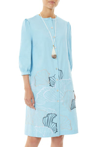 Floral Embroidered Button-Front Stretch Cotton Shirt Dress, Serene Blue/Limestone/Black/White | Ming Wang