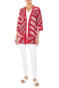 Plus Size Directional Stripe Pleated Knit Jacket, Poppy Red/White/Black | Ming Wang