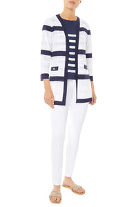 Striped Sheer Ribbed Knit Jacket, White/Indigo | Ming Wang