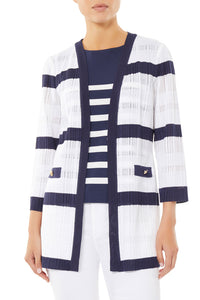 Striped Sheer Ribbed Knit Jacket, White/Indigo | Ming Wang