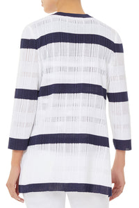 Plus Size Striped Sheer Ribbed Knit Jacket, White/Indigo | Ming Wang