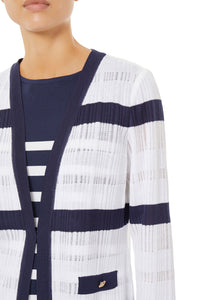 Plus Size Striped Sheer Ribbed Knit Jacket, White/Indigo | Ming Wang