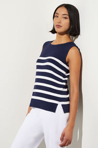 Plus Size Nautical Stripe Mid-Length Soft Knit Tank, Indigo/White | Ming Wang