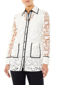 Sheer Floral Lace Woven Topper, White/Black | Ming Wang