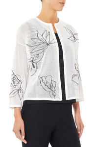 Floral Embroidered Soft Knit Jacket, White/Black | Ming Wang
