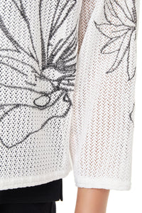 Floral Embroidered Soft Knit Jacket, White/Black | Ming Wang