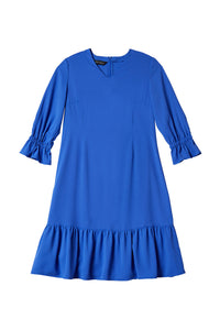 Flounce Hem Poet Sleeve Crepe de Chine Dress, Dazzling Blue | Meison Studio Presents Ming Wang