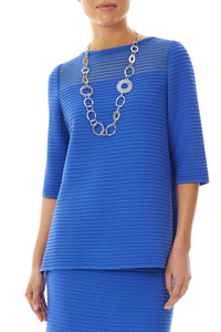 Plus Size Sheer Yoke Textured Soft Knit Tunic, Dazzling Blue | Ming Wang