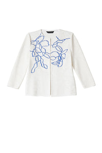 Plus Size Two-Tone Floral Embroidery Jacquard Jacket, White/Dazzling Blue | Meison Studio Presents Ming Wang