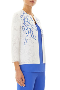 Plus Size Two-Tone Floral Embroidery Jacquard Jacket, White/Dazzling Blue | Ming Wang
