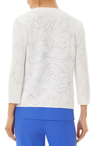 Plus Size Two-Tone Floral Embroidery Jacquard Jacket, White/Dazzling Blue | Ming Wang