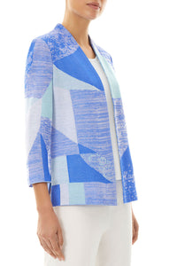 Geometric Colorblock Mixed Knit Jacket, Dazzling Blue/Clearwater/White | Meison Studio Presents Ming Wang
