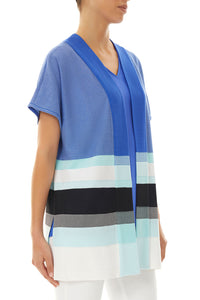 Mixed Stripe Relaxed Soft Knit Cardigan, Dazzling Blue/Clearwater/White/Black | Ming Wang