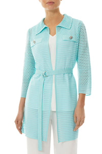 Sheer Mixed Texture Belted Knit Jacket, Clearwater | Ming Wang