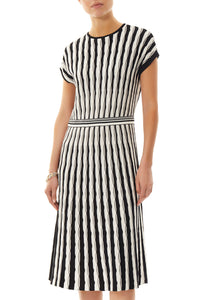 Abstract Stripe Cap-Sleeve Soft Knit Dress, White/Black | Ming Wang