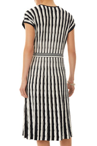 Abstract Stripe Cap-Sleeve Soft Knit Dress, White/Black | Ming Wang