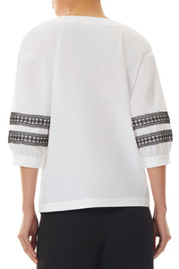 Plus Size Puff Sleeve Stretch Cotton Blouse, White/Black | Ming Wang
