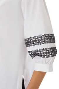 Plus Size Puff Sleeve Stretch Cotton Blouse, White/Black | Ming Wang