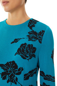 Floral Fit-and-Flare Soft Knit Dress, Bright Teal/Black | Ming Wang
