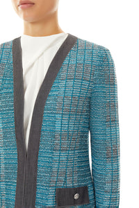 Chambray Trim Tweed Knit Jacket, Bright Teal/Mink/Linen/Black/Ivory | Ming Wang