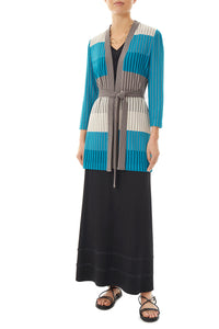 Colorblock Stripe Belted Soft Knit Jacket, Bright Teal/Mink/Linen/Black/Ivory | Ming Wang