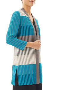 Colorblock Stripe Belted Soft Knit Jacket, Bright Teal/Mink/Linen/Black/Ivory | Ming Wang
