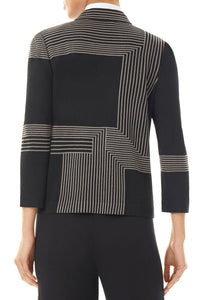 Plus Size Geometric Stripe Funnel Neck Knit Jacket, Black/Mink | Ming Wang