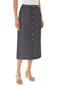 Faux Button Front Detail Slim Cotton Poplin Skirt, Black/Mink | Ming Wang