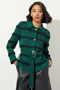 Belted Button-Front Stripe Tweed Jacket, Jewel Green/Black | Ming Wang