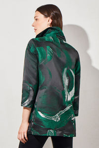 Paint Stroke Ruffle Collar Novelty Woven Jacket, Jewel Green/Lunar Rock/Black | Ming Wang