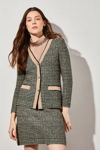 Plus Size Tailored Contrast Trim Tweed Knit Jacket, Jewel Green/Dark Champagne/Lunar Rock/Black | Ming Wang