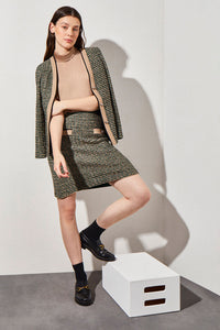 Contrast Detail Tweed Knit Pencil Skirt, Jewel Green/Dark Champagne/Lunar Rock/Black | Ming Wang